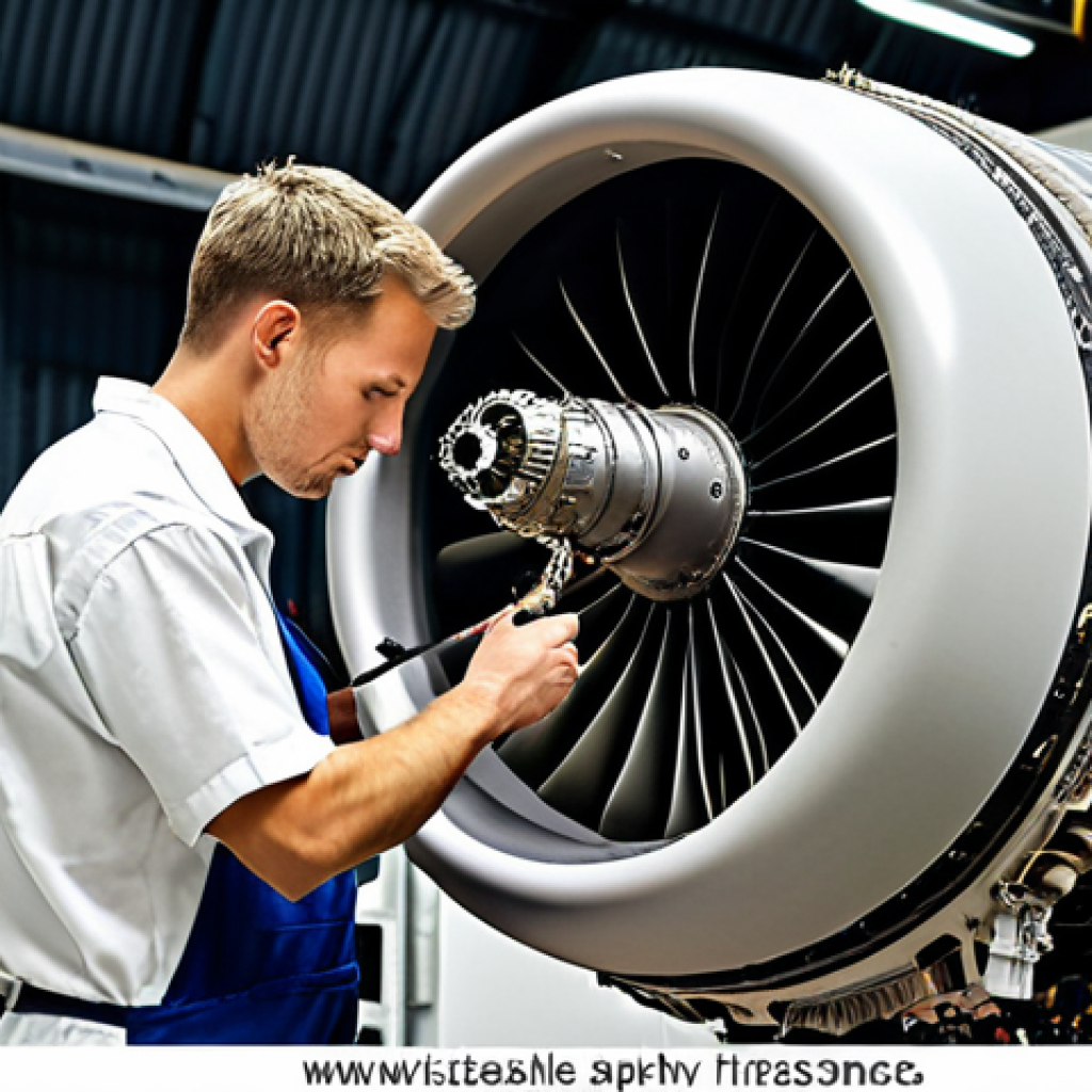 **An aircraft mechanic meticulously inspecting an airplane engine, with digital displays showing AI-driven diagnostic data overlaid, highlighting the blend of traditional skills and modern technology in aviation maintenance.**