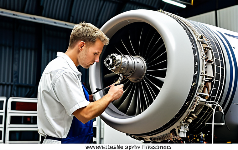 **An aircraft mechanic meticulously inspecting an airplane engine, with digital displays showing AI-driven diagnostic data overlaid, highlighting the blend of traditional skills and modern technology in aviation maintenance.**