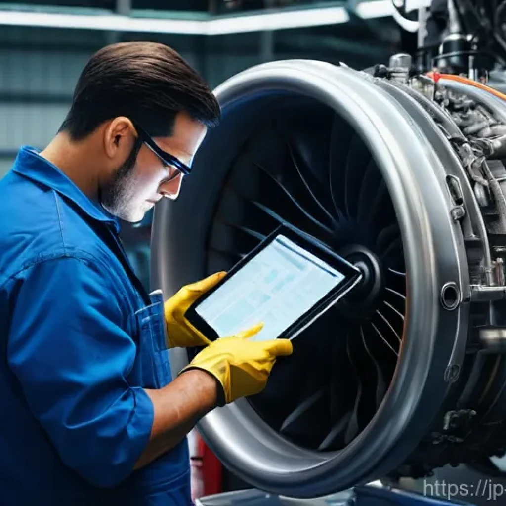 항공정비사가 추천하는 필수 서적 - **Prompt:** A highly detailed, realistic photograph of a focused male aircraft mechanic in his late ...