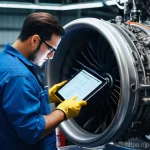 항공정비사가 추천하는 필수 서적 - **Prompt:** A highly detailed, realistic photograph of a focused male aircraft mechanic in his late ...