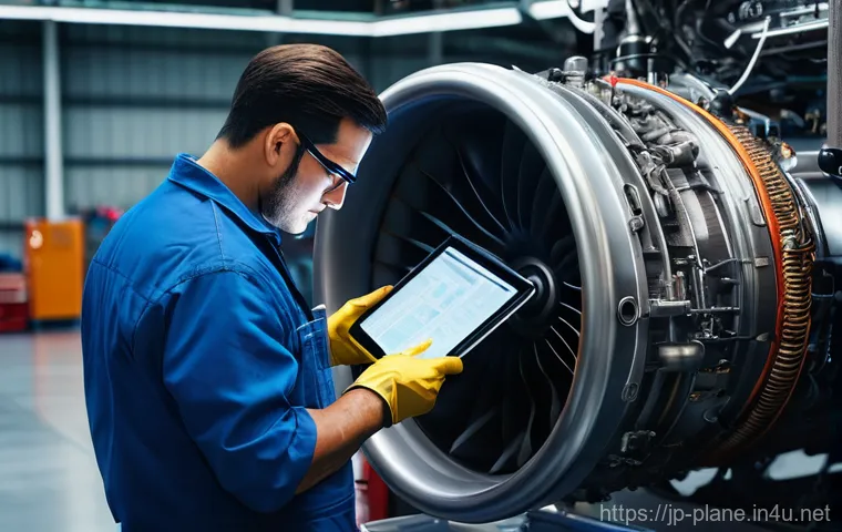 항공정비사가 추천하는 필수 서적 - **Prompt:** A highly detailed, realistic photograph of a focused male aircraft mechanic in his late ...