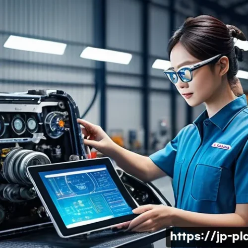 항공정비사와 신기술 교육 - A modern aircraft maintenance hangar scene with a skilled Japanese technician wearing smart glasses ...