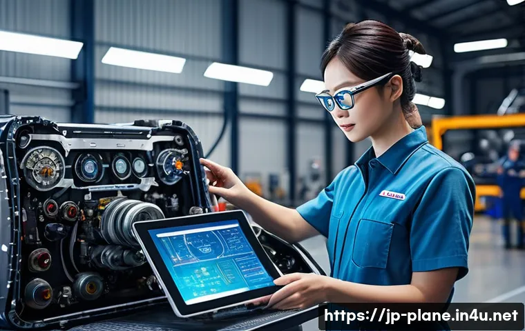 항공정비사와 신기술 교육 - A modern aircraft maintenance hangar scene with a skilled Japanese technician wearing smart glasses ...
