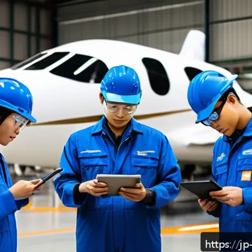 항공정비사 인턴십 경험 공유 - A modern aircraft maintenance hangar scene showing a team of Japanese aircraft mechanics wearing pro...