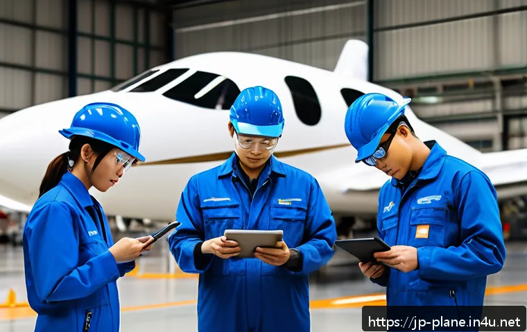 항공정비사 인턴십 경험 공유 - A modern aircraft maintenance hangar scene showing a team of Japanese aircraft mechanics wearing pro...