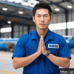 항공정비사의 체력 관리 팁 - A Japanese aircraft maintenance technician performing warm-up stretches before starting work, wearin...