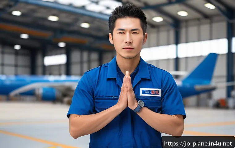 항공정비사의 체력 관리 팁 - A Japanese aircraft maintenance technician performing warm-up stretches before starting work, wearin...