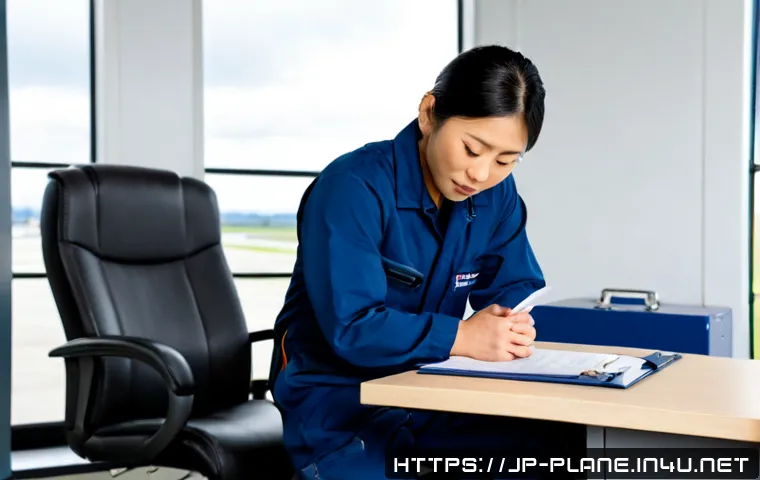 항공정비사 연봉 협상 실패 사례 - Photorealistic airline maintenance technician in clean navy coveralls sitting across from a stern ma...