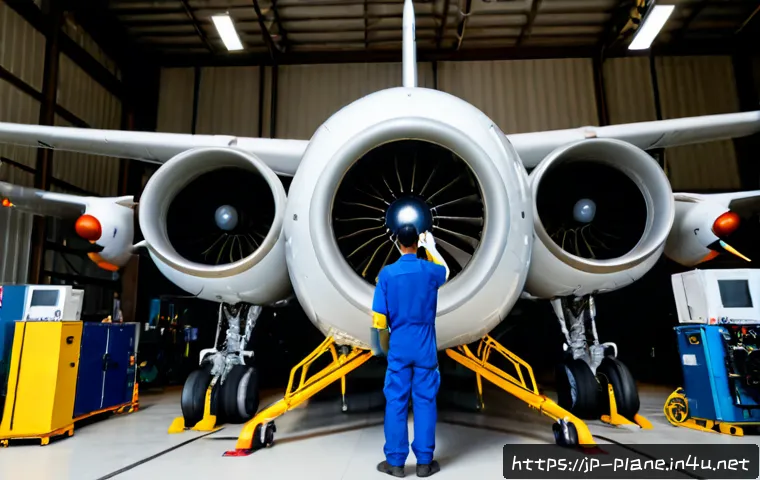 항공정비사와 항공기 중정비 사례 - Photorealistic aircraft heavy maintenance hangar, skilled aviation mechanic in clean coveralls inspe...