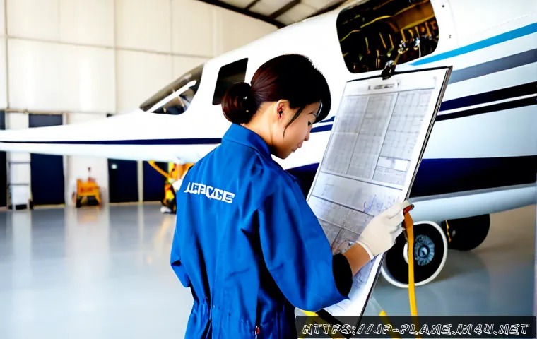 항공정비사가 되기 위해 필요한 학위 - Photorealistic aviation maintenance education scene, a Japanese young adult trainee in clean coveral...